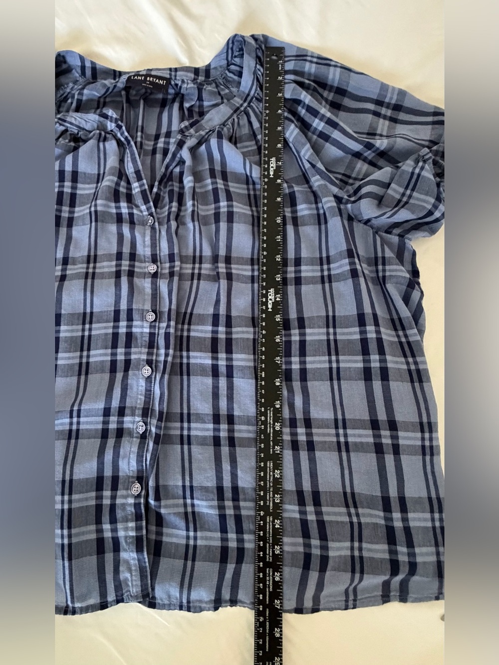 Lane Bryant Blue and Black Plaid Button-Front Peasant Blouse - Picture 5 of 7